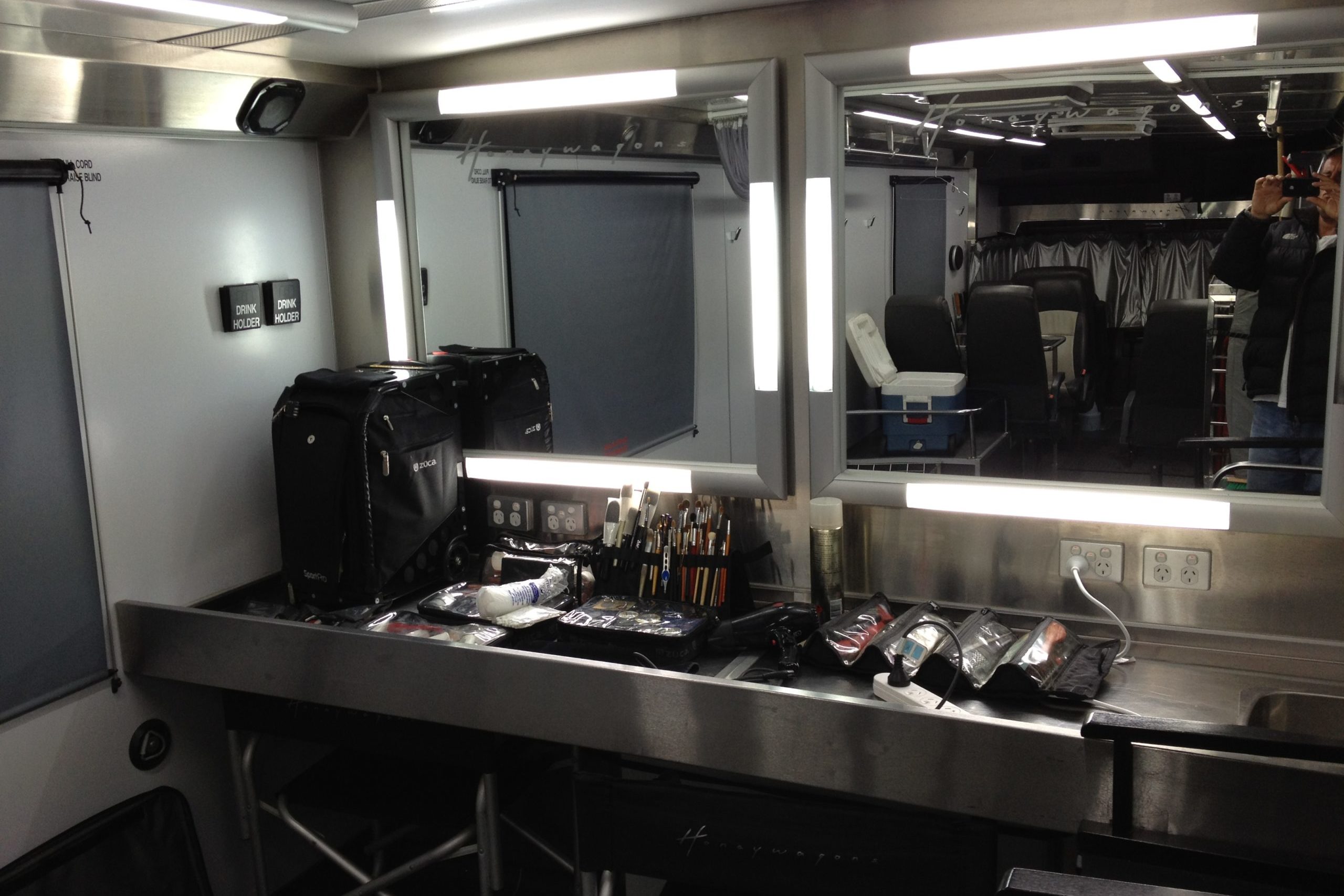 Two stainless steel hair & make up stationsTwo stainless steel hair & make up stations, daylight corrected lighting and skylights.